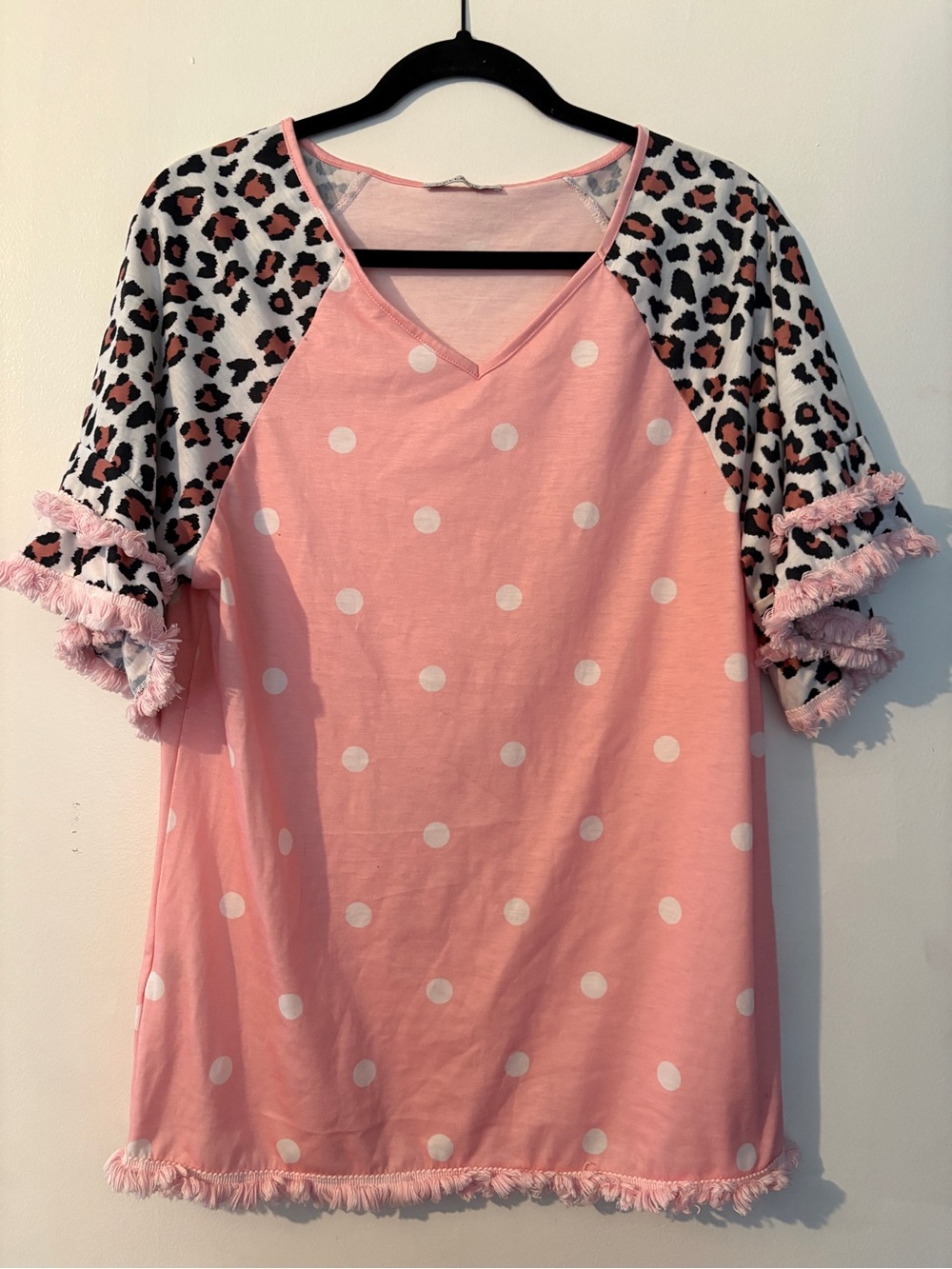 Pink Polka Dot Short Sleeve Tee with Leopard-Print Sleeves